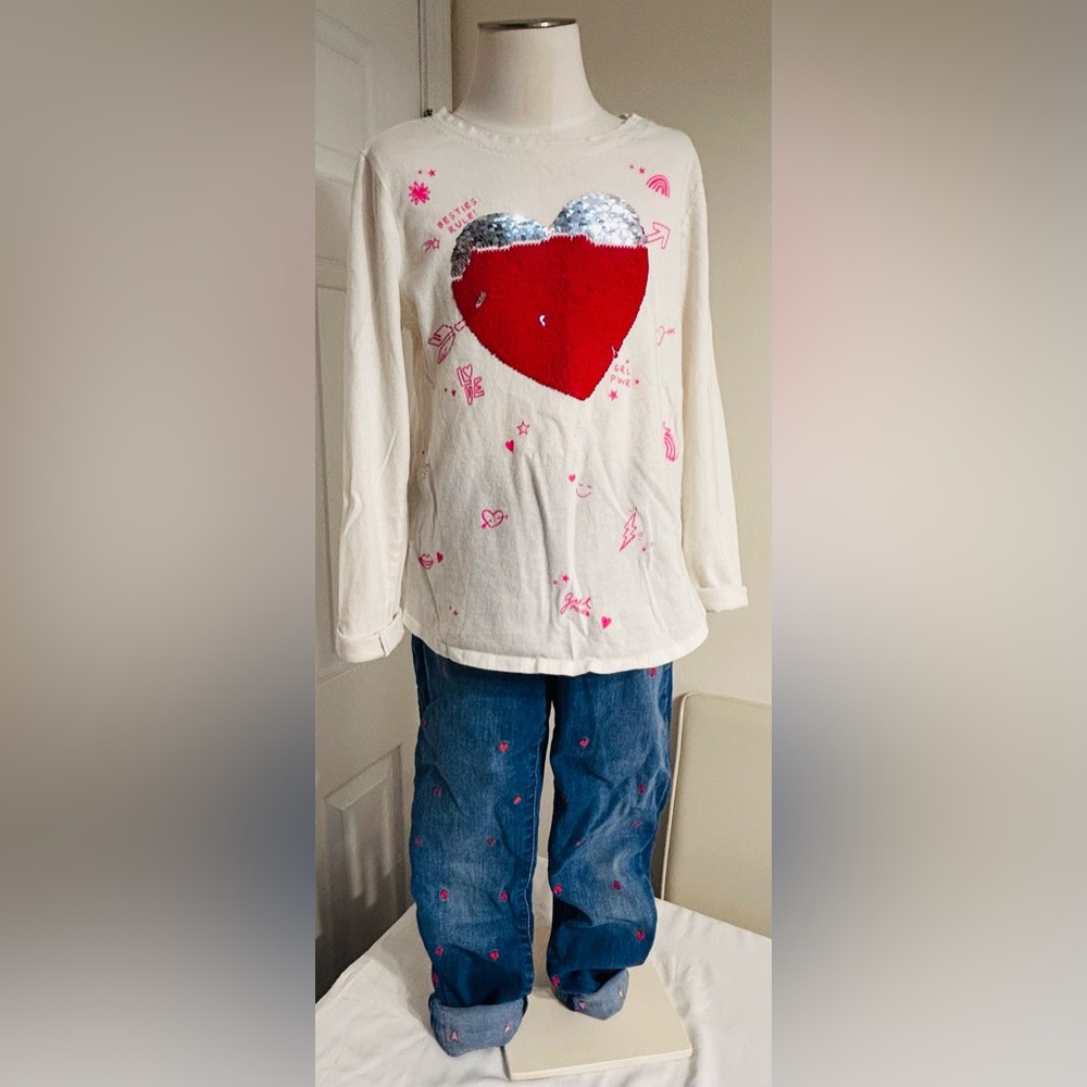 GAP White Heart Top with Red and Silver Sequins and Gap Denim heart Jeans Outfit
